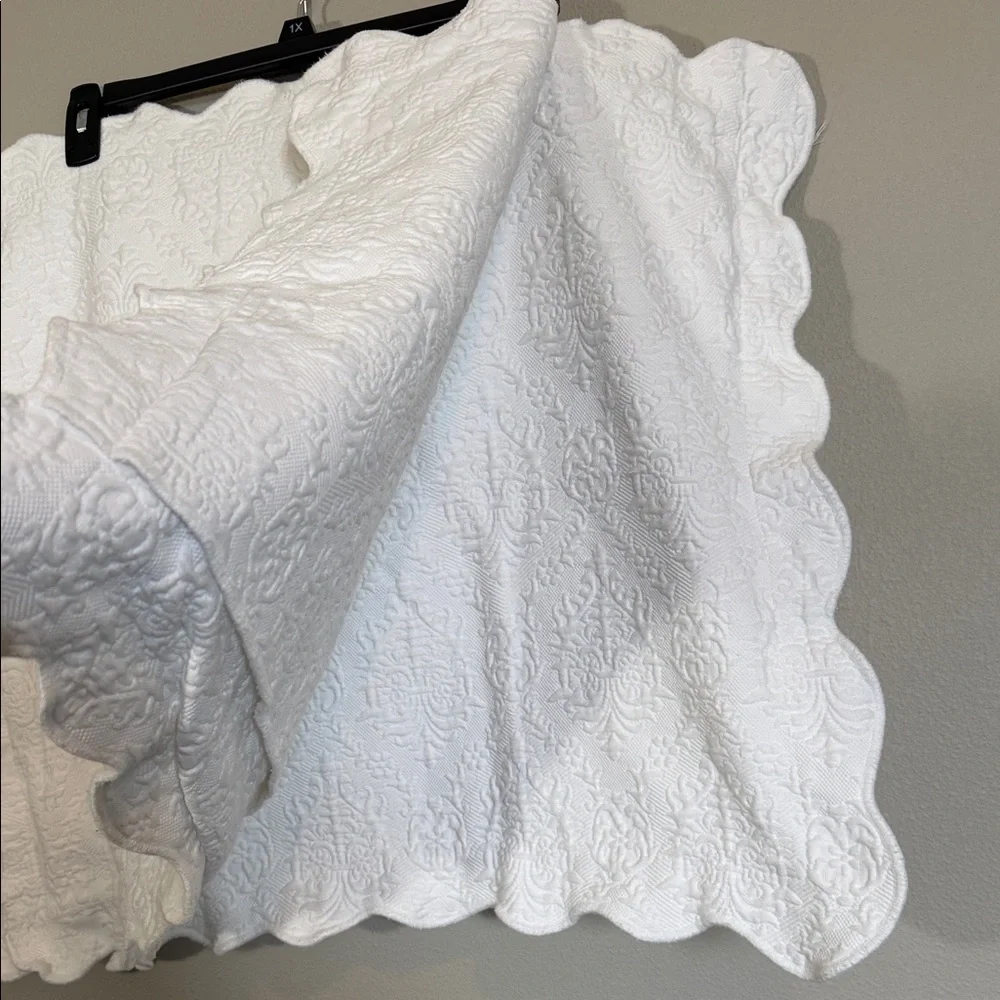 White Quilted Damask Pillow Cushion Covers (2), scalloped edges, 100% cotton.